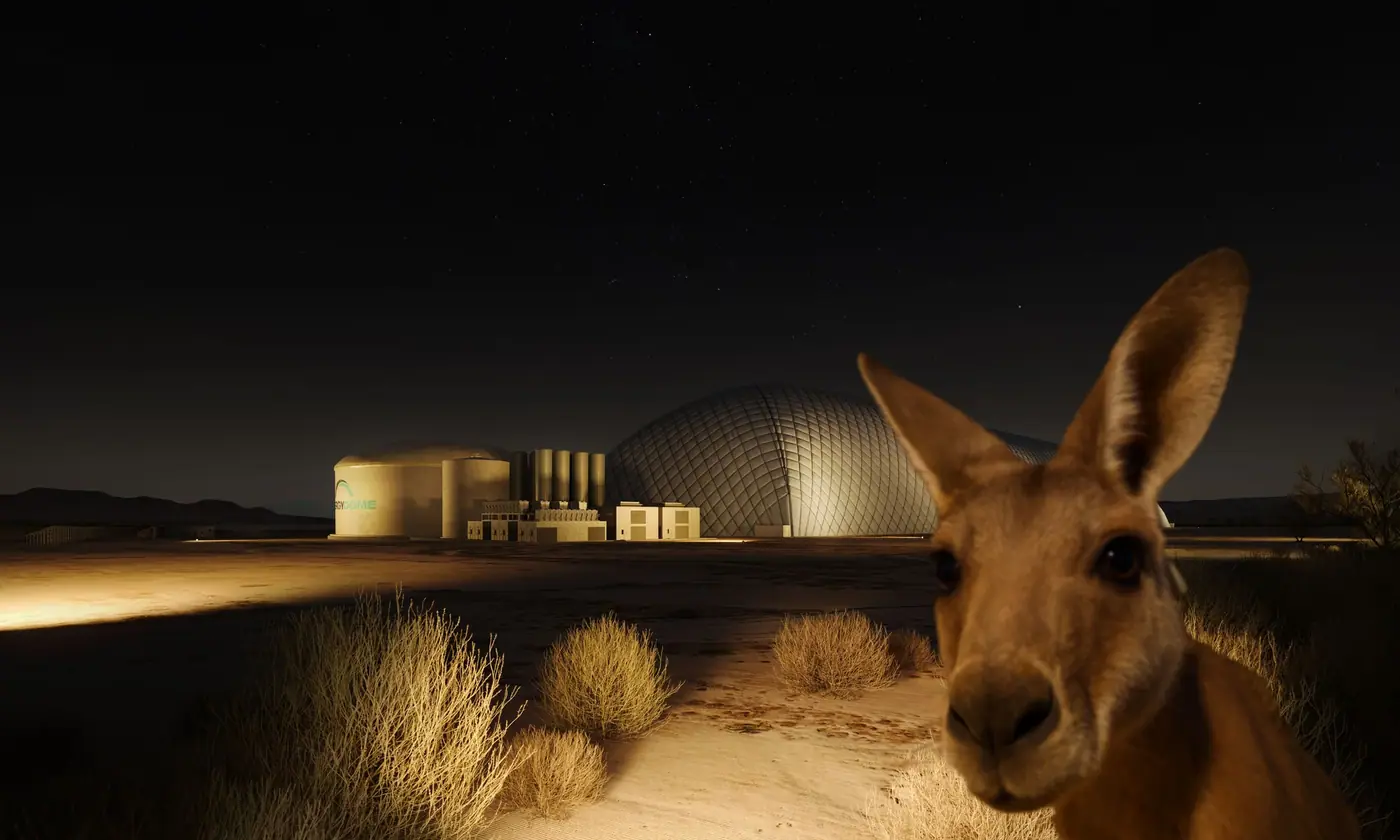 Night visual of the CO2 Battery plant, made for an expo screen